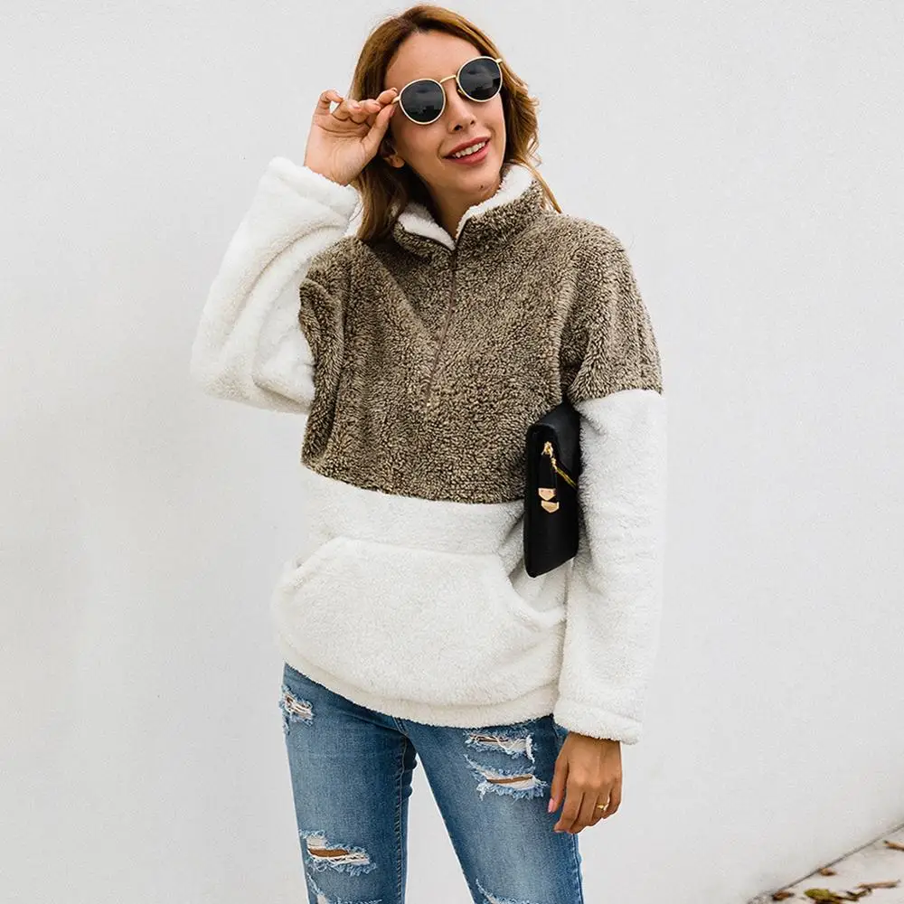 

Modecrush Fleece Hoodies Female Winter Thicker Sweatshirts Trendy Patchwork Casual Pullover Woman Loose Warm Zipper Stand Collar