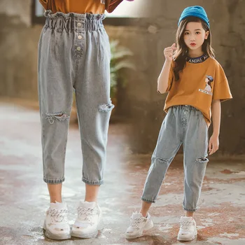 

Girls High Waist Denim Jeans Slim Hole Ripped Pants Casual Jeans High Streetwear Loose Radish Pants Big Girls for Trousers 2019