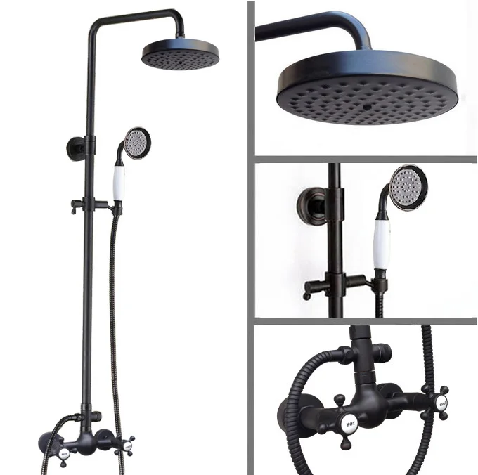 

Black Oil Rubbed Brass Dual Cross Handles Bathroom 8 Inch Round Rain Shower Faucet Set Bath Mixer Tap Hand Shower mrs495