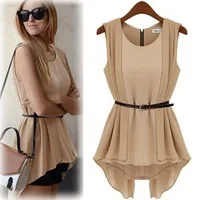 Newest Fashion Summer Top Quality Ladies Khaki O-Neck Sleeveless Career OL Chiffon Tops Blouse,Shirt.Women Brief Elegant Blouse
