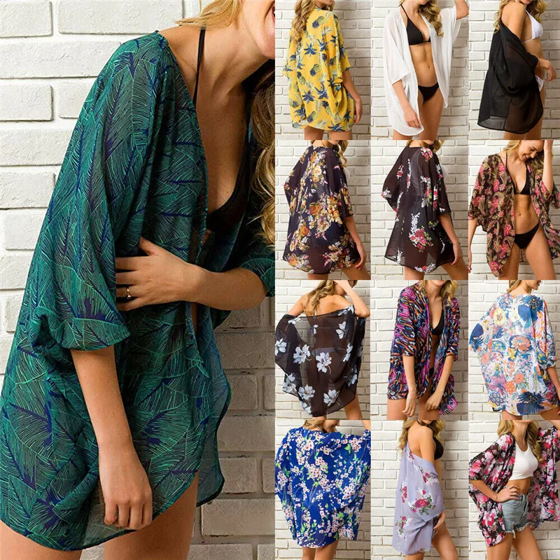 Womens Kimono Blouse Coat Boho Floral Cardigan Bathing Jacket Tops Beach Bikini Cover Up Beach