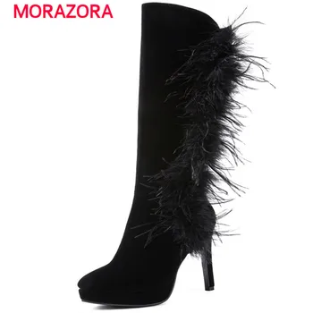 

MORAZORA 2018 new fashion feather knee high boots autumn winter cow suede leather boots round toe super high heel women boots