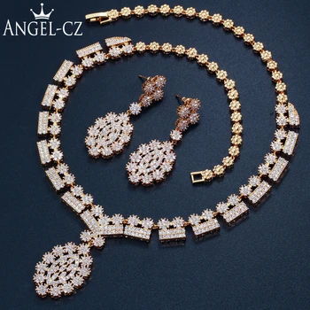 

ANGELCZ Vintage Dubai Yellow Golden Micro Inlay Turkish CZ Big Flower Earrings Necklace Jewellery Set For Nigerian Wedding AJ144