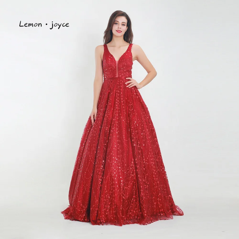 

Lemon joyce Red Formal Evening Dresses 2019 Sexy V-neck Backless Sequined A-line Floor Length Prom Party Gowns Plus