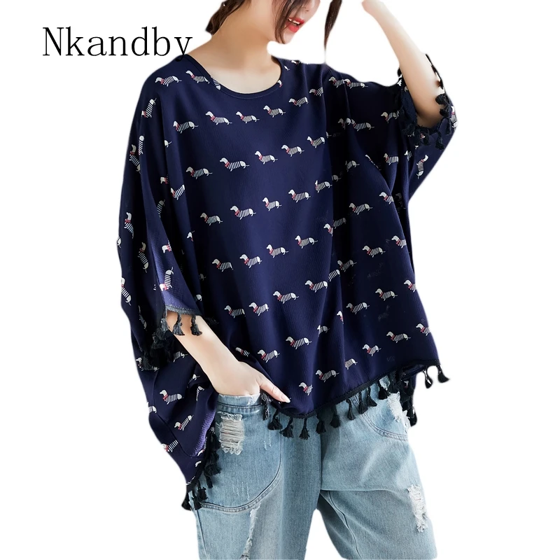 

Nkandby Women Plus size Chiffon Tops Korean Loose Print Tassel Big Blouse Extra Large Batwing Summer Shirts Misetas mujer 6XL