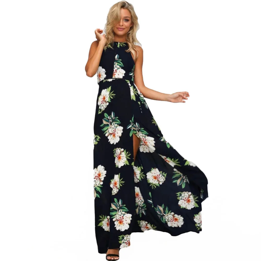 

Women Halter Neck Chiffon Dress Floral Print Sleeveless Split Backless Long Dress Elegant Hollow Out Beach Maxi Boho Dress