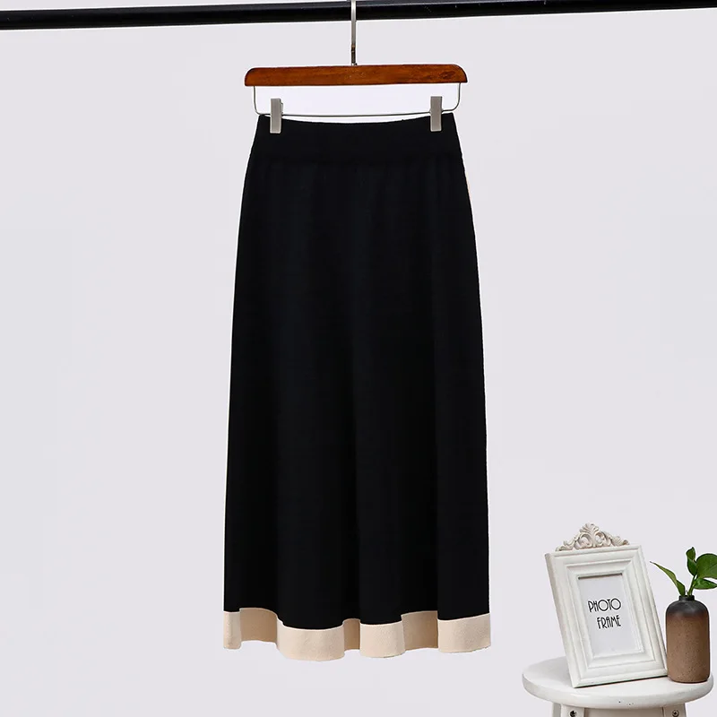 Новинка, летняя тонкая трикотажная юбка, эластичная плиссированная юбка средней длины с высокой талией, женская вязаная элегантная длинная юбка, Saias Femininas Faldas - Цвет: Черный