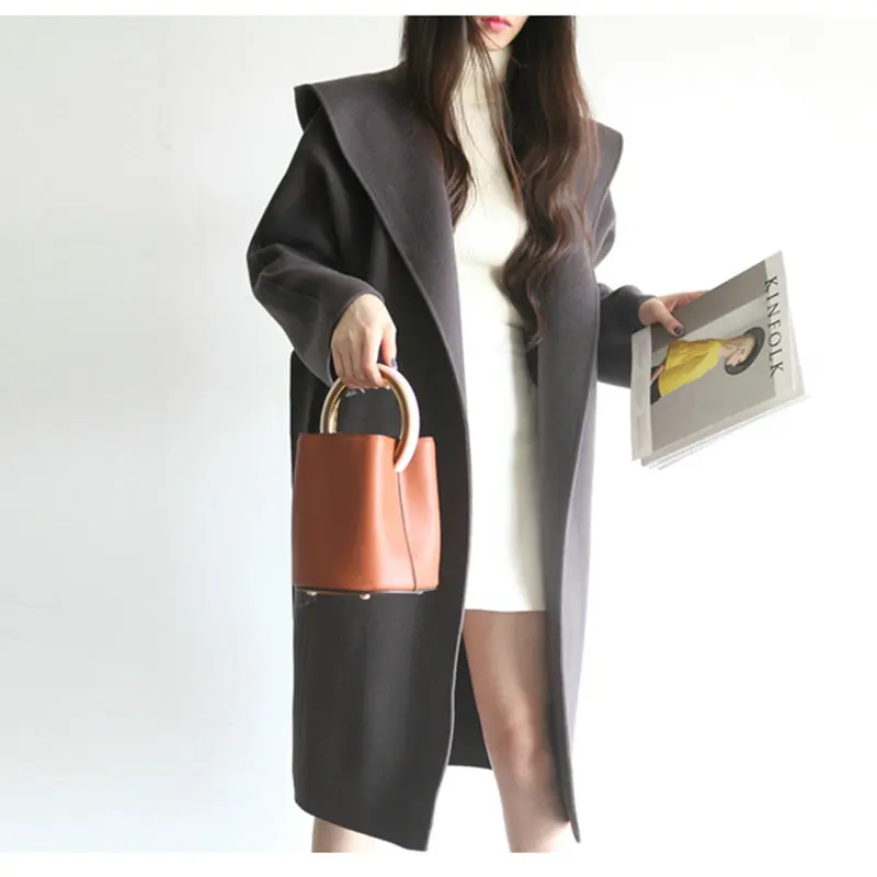 Женское шерстяное пальто большого размера, новинка, длинная двухсторонняя шерстяная куртка с капюшоном, женская высококачественная шерстяная куртка ручной работы LJ534 - Цвет: Dark gray