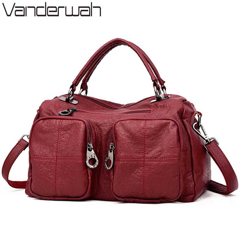 

Vintage women Casual Tote leather bags Handbags women bags designer Solid Zipper Multi-pocket Crossbody bag for women sac a main
