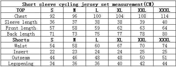 Men short sleeve cycling wear size chart
