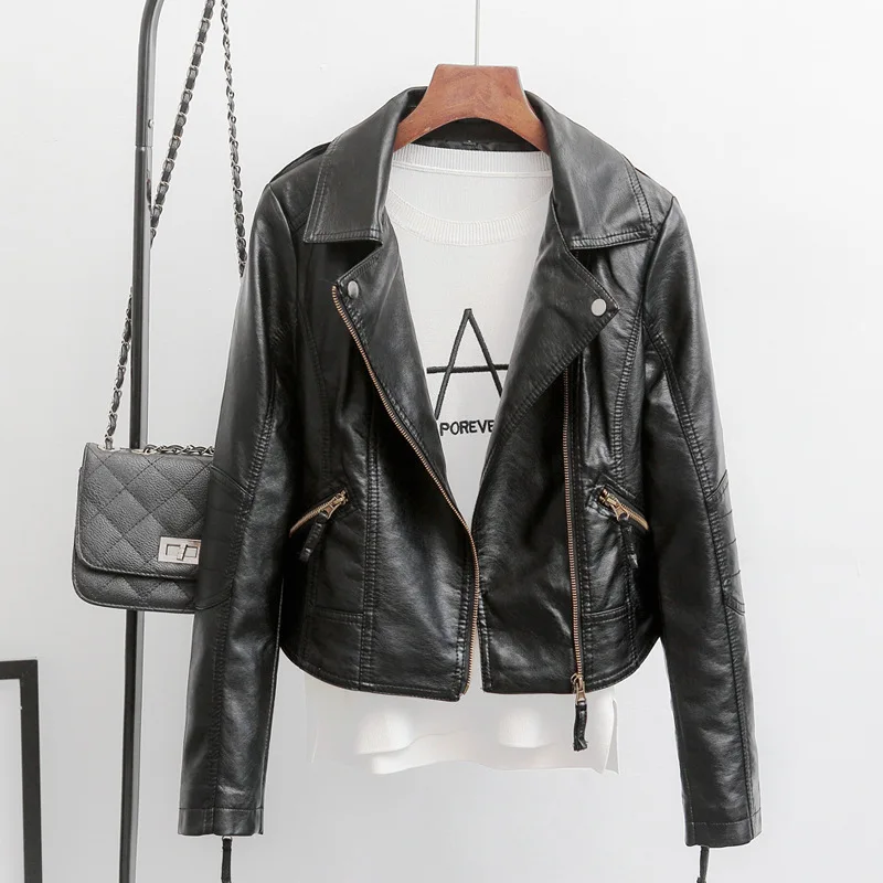 

Pu Leather Jacket Women Spring Autumn Motorcycle Coat Short Turn-down Collar Zipper Plus Size Slim Faux Leather Biker Jacket