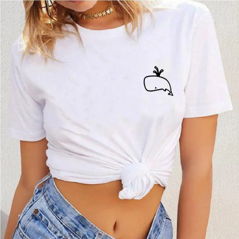 

Ocean Beach Harajuku Tee Shirt Femme Cute Dolphin Pocket Printed T-shirt Whale Sea Life Casual Women T Shirt Summer Tops 2019