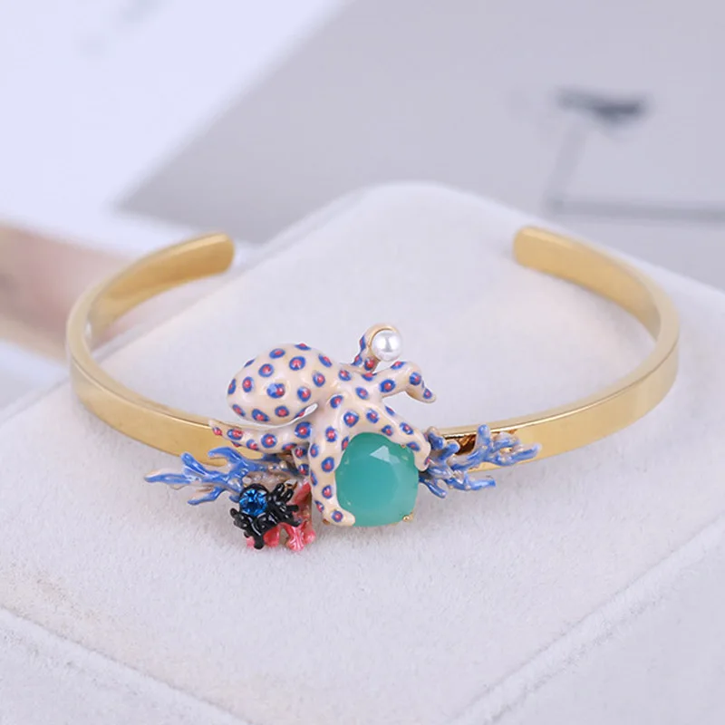 

Enamel Glaze Purple Spotted Octopus Gem Pearl Bangles For Women Luxury Elegant Charms Bracelet Party Jewelry