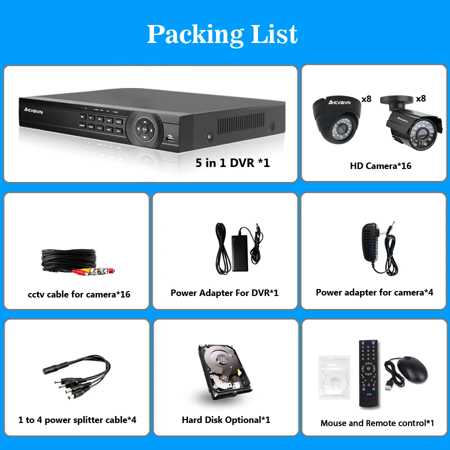  HDD de 2 TB 1.0MP HD 2000TVL seguridad bala Cámara del CCTV Kit de sistema de 16 canales AHD 720 P 