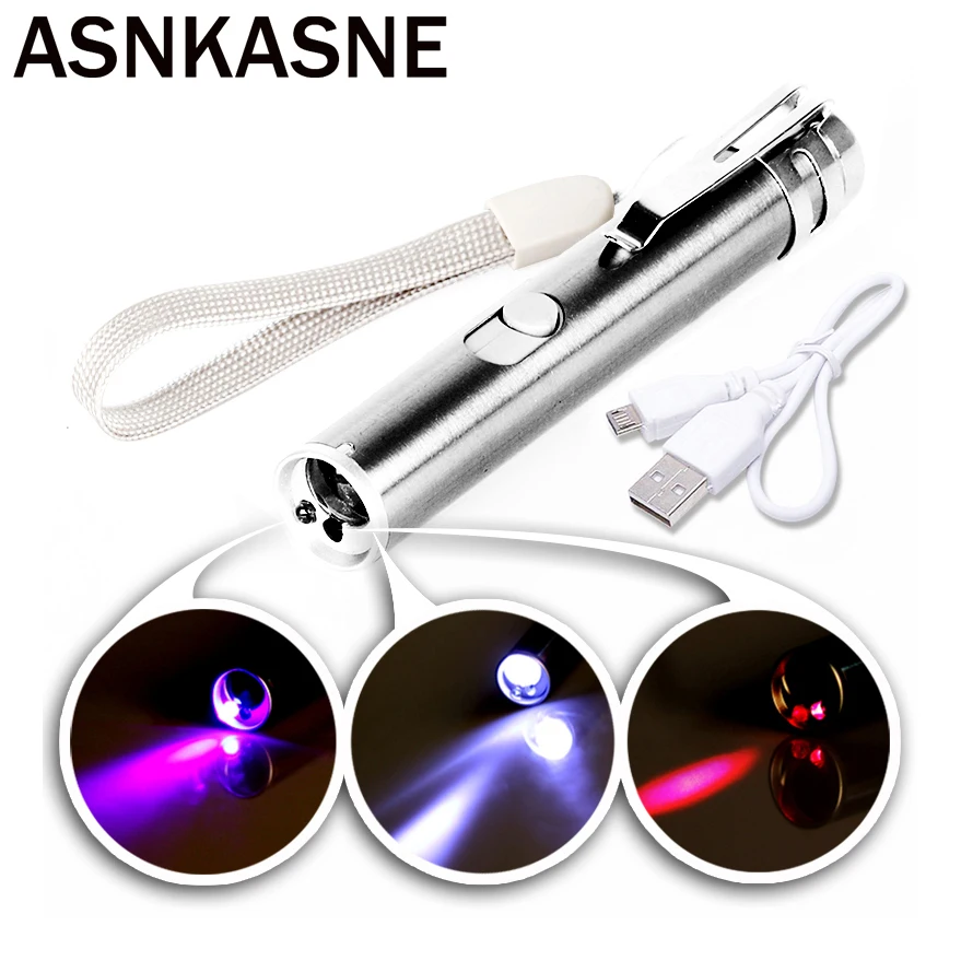 

ASNKASNE Portable Mini LED Flashlight USB Rechargeable Torch Super bright 3 in 1 Lighting&Laser&UV Lamp Tactical Light Lantern