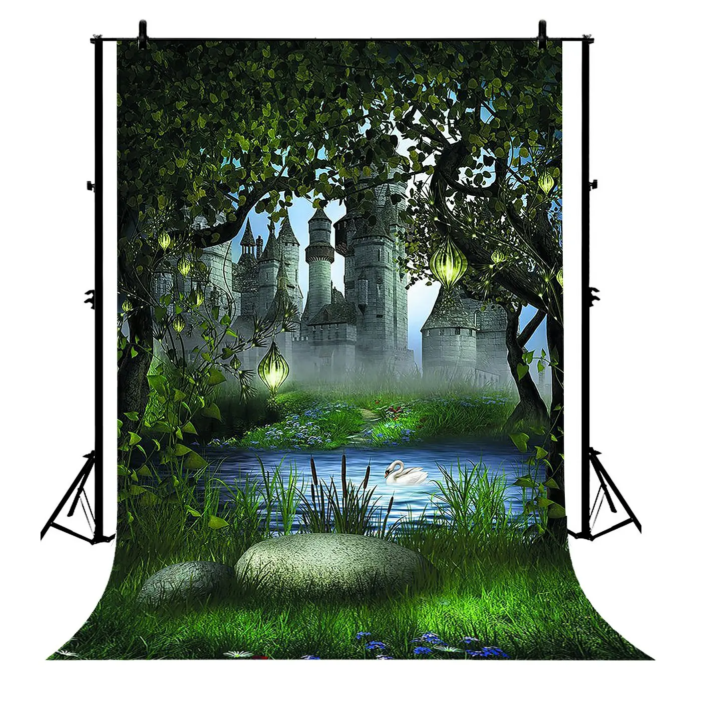 

5x7ft Magic Fairy Tale Forest Vine Stone Swan Lake Castle Scene Polyester Photo Background Portrait Backdrop