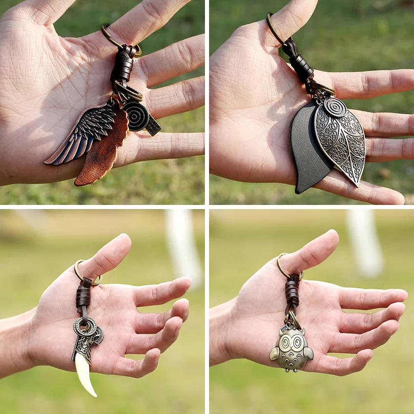 

QPLOVE 1pc Keychain Punk Vintage Weaving Resin and Alloy Material Wolf's Fang Leaves Wing Owl Shape Fashion Key Ring