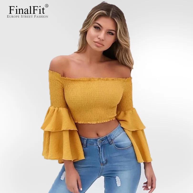 Crop Top Women Off Shoulder Flare Sleeve Women Crop T Shirt Tops In T