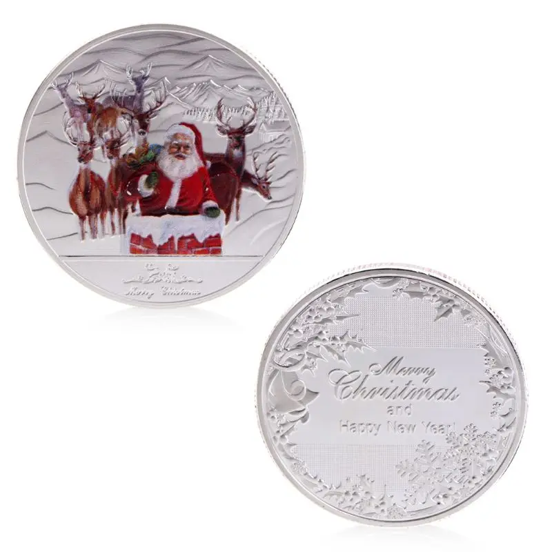 С Рождеством Санта Клаус Олень Новогодняя памятная монета в подарок сувенир Декор - Цвет: Silver