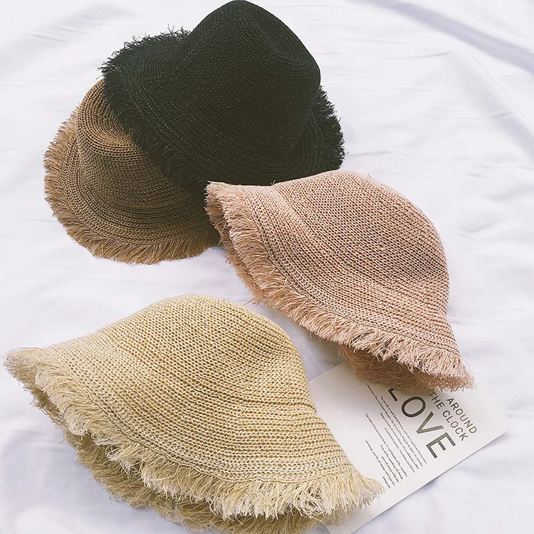 

10pcs/lot 01902-HR3803 hot sell Mixed knitting of papyrus polyester raw Fringe children straw sun hat girl bucket cap wholesale
