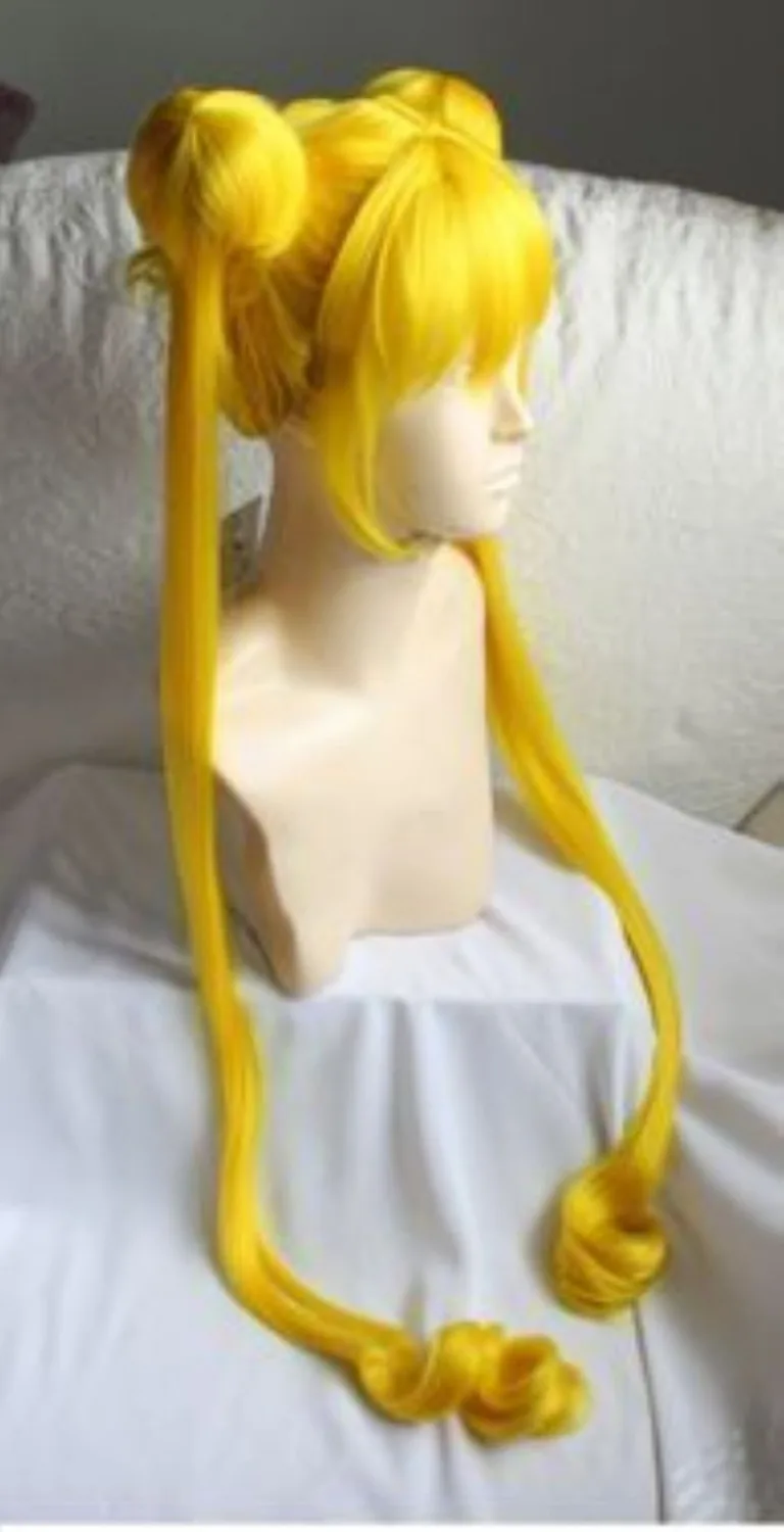 new 100cm Sailor Moon Usagi Wig Gold Yellow Cosplay Wigs + Wig Cap Jewelry Findings