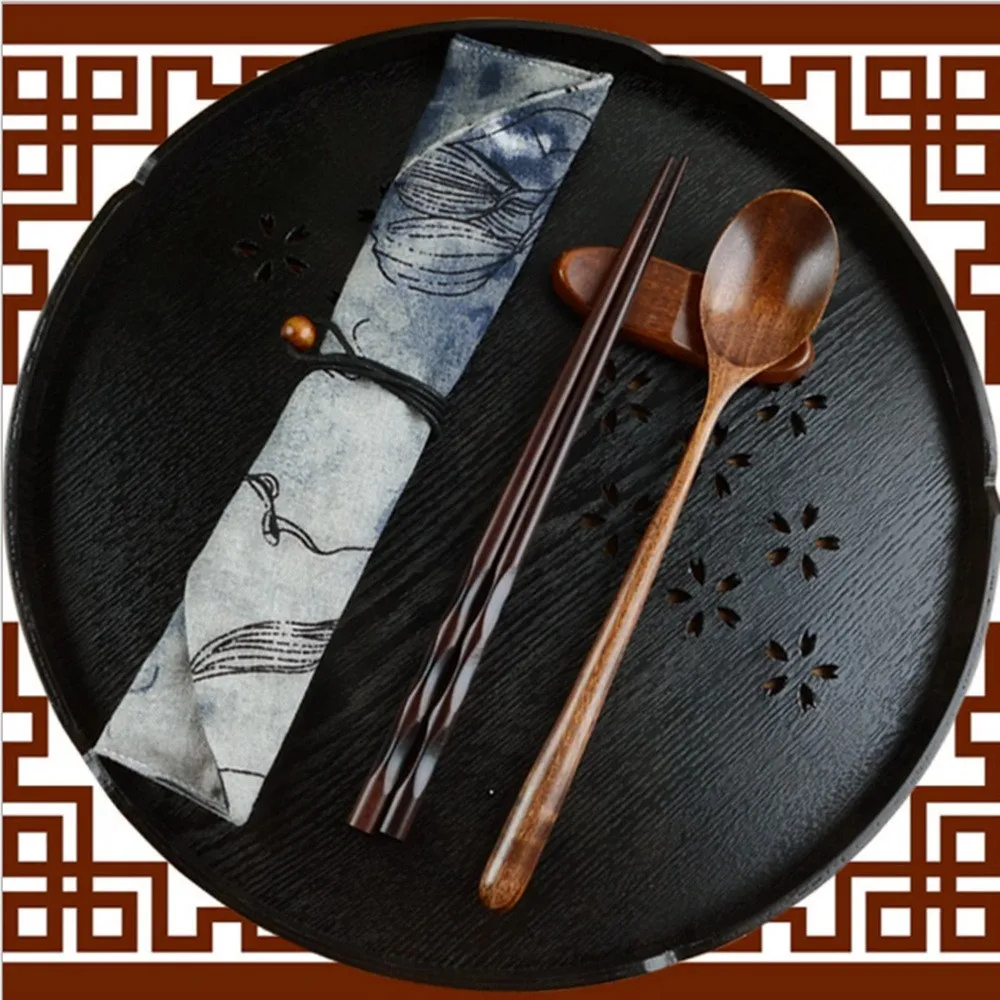 

Eco-friendly 2pc Wooden Tableware set Vintage Chinese Japanese Bento Chop sticks Teaspoons Fork Tableware Dinnerware K4