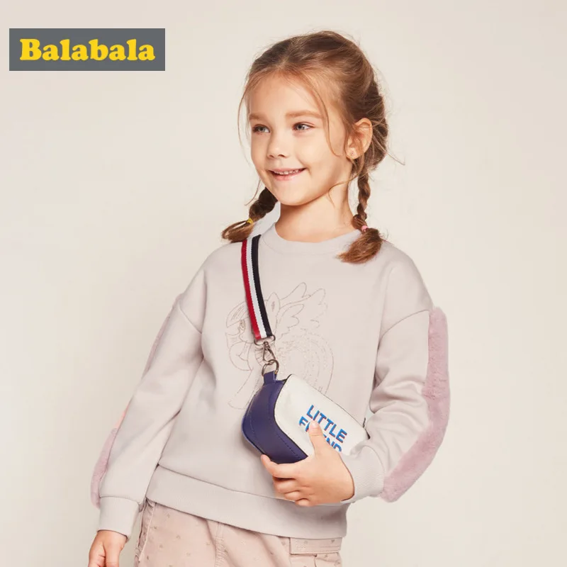 

Balabala Girls Fleece-Lined Sweatshirt with Motif Faux Fur at Sleeve Dropped Shoulder Pull-over Sweatshirt Ribbed Cuffs and Hem