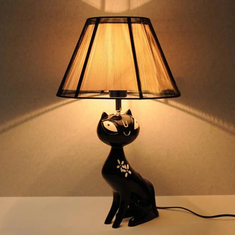 Современные смоляные кошачьи тумбочки, настольные лампы с рисунком розы, тканевые абажур для спальни, Настольные светильники для гостиной, свадебного стола, освещение - Цвет корпуса: Black2