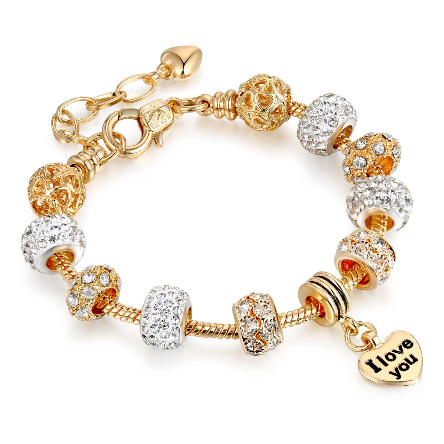 Luxury Crystal Heart Charm pandora Bracelets & Bangles Gold Color