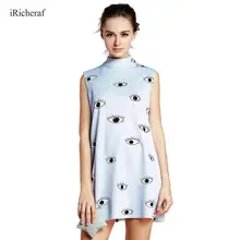 Women Summer Elegant Sexy Above Knee Tank Dress Sleeveless Eyelash Print Stand Collar A-line Blue Vestido Femme Tshirt Dresses