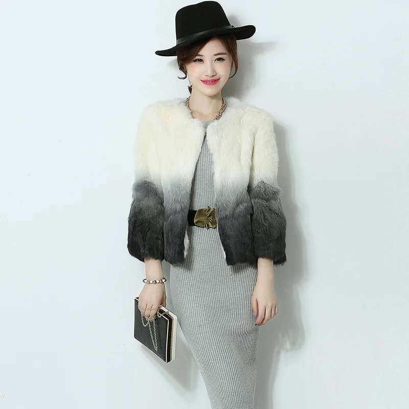 

Gradient color rabbit fur jackets women real rabbit fur coats outerwear 2018 new autumn winter