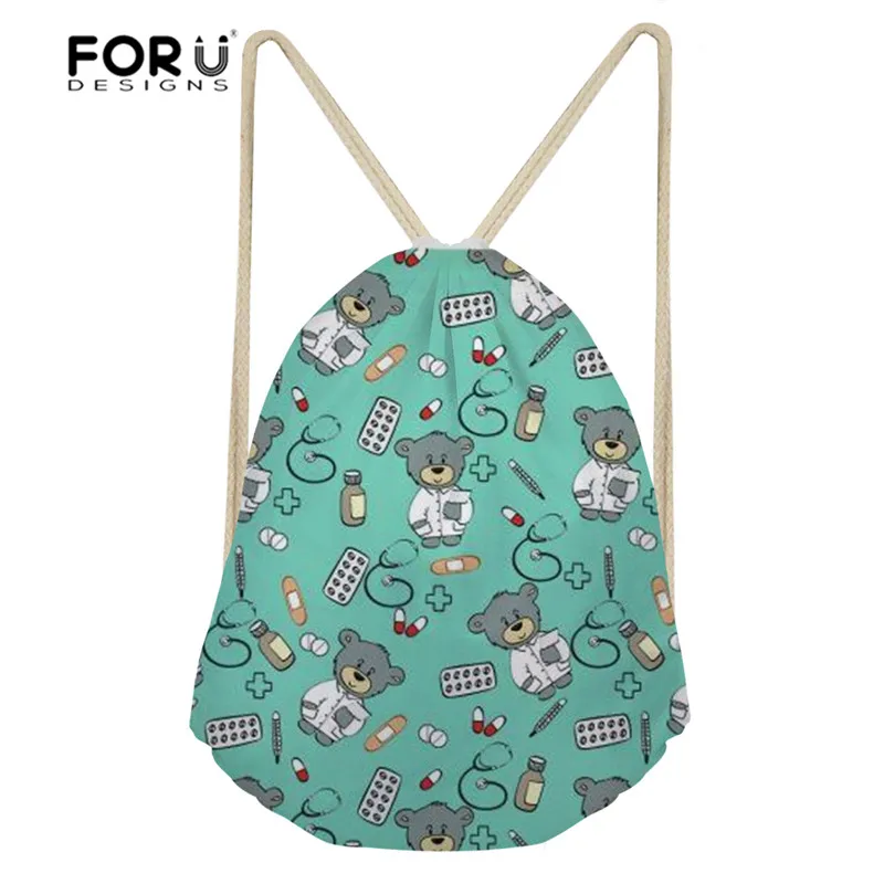 FORUDESIGNS Cartoon Nurse Bear Printing Sport Bags for Women Girls Yoga Bag Small Drawstring Backpack Gym Sack Training Athletic