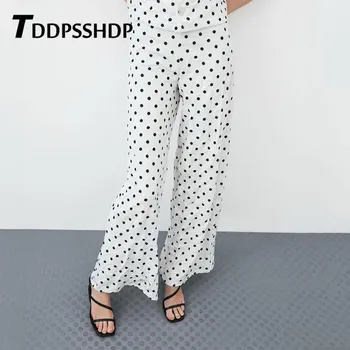 

Polka Dot Printing White Color Vacation Casual Women Trousers 2019 Sweet Bell-bottomed Pants