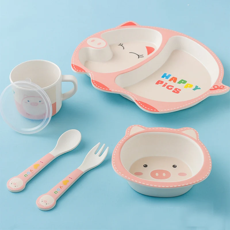 5pcs/set Baby Tableware Cute Pig Children Feeding Dishes Kids Natural Bamboo Fiber Dinnerware With Bowl Fork Cup Spoon Plate 5pcs/set Baby Tableware Cute Pig Children Feeding Dishes Kids Natural Bamboo Fiber Dinnerware With Bowl Fork Cup Spoon Plate