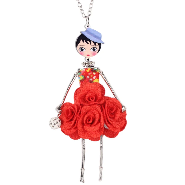 Bonsny себе цветок Кукла ожерелье платье ручной работы французская кукла кулон Новости сплава женщин девушки цветок ювелирные изделия - Окраска металла: Red