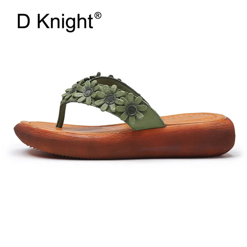 2018 Summer New Flip Flops Original Leather Sweet Flower Women Sandals Comfortable Slope Lady Flat Platform Shoes Ethnic Slipper (2)