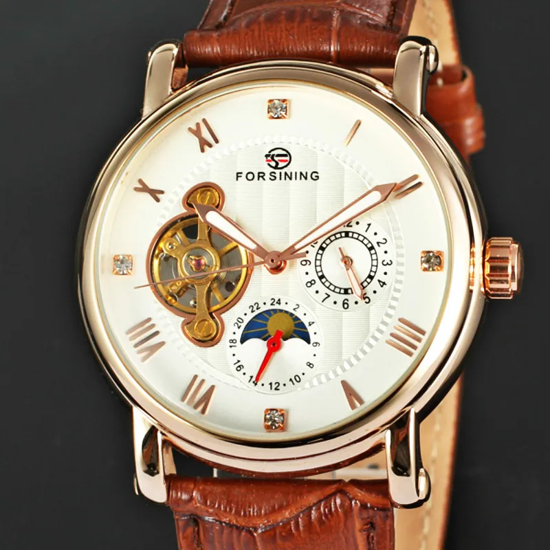FORSINING Скелетон из натуральной кожи ремешок автоматические часы черный Tourbillion