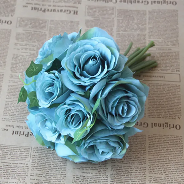 Бордовый букет цветов Шелковый цветок розы темно-красный букет бордовый букет невесты букет искусственных цветов шелковые розы - Цвет: blue