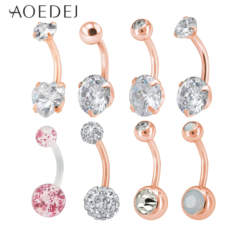 

AOEDEJ 8pcs/lot Round Crystal Belly Button Piercings Stainless Steel Navel Piercing Rose Gold Real Navel Belly Piercing Ombligo