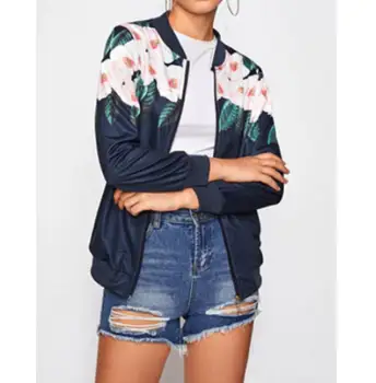 

Long Sleeve Jacket Women Biker Celebrity Zip Up Coat Lace Bomber Jacket Ladies Outwear Floral Print Coats Loose
