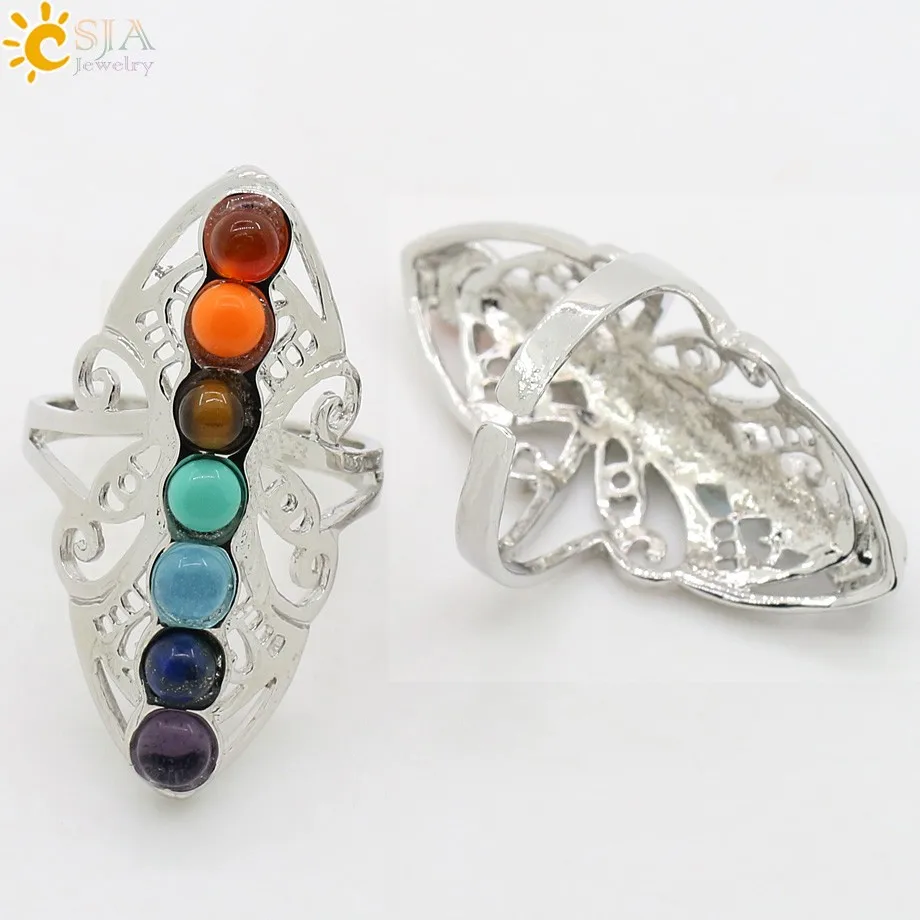 7 Chakra Stone Bead Finger Rings Reiki Healing Point Ring