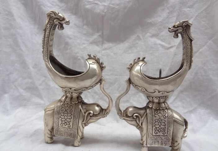 

S3132 8" Chinese Silver Dragon Ride Elephant Statue Bronze Candle Stick Holder Pair D0317