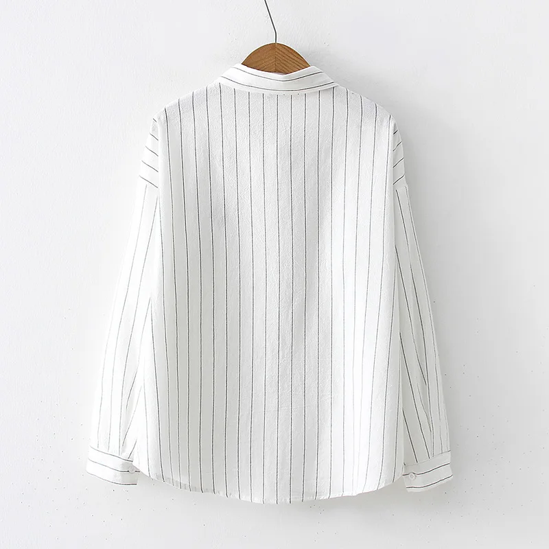 Striped Weather Embroidery Cute Women Blouse Long Sleeve Turn Collar Students College Shirts 2019 Summer Loose Casual Tops Woman