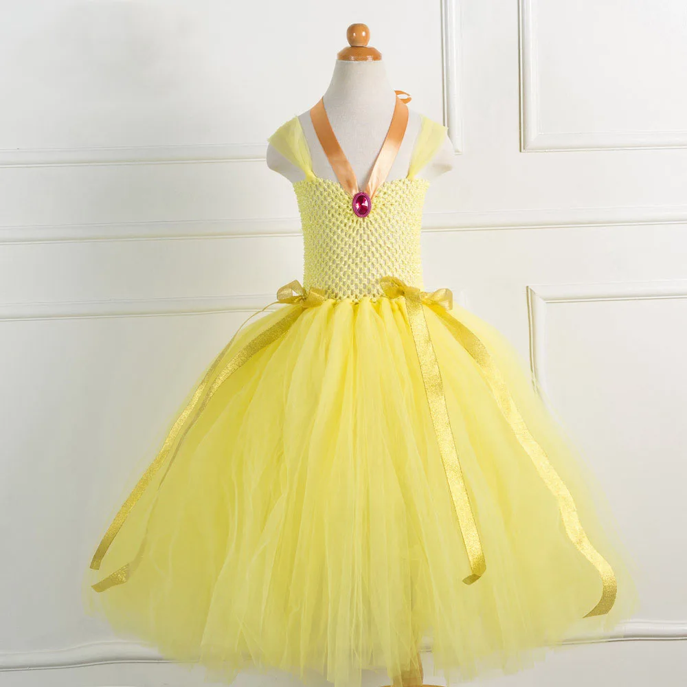 

New Belle Girls Dress Yellow Princess Cosplay Costume Birthday Party 2018 Summer Wedding Dresses Children Gown Clothes vestido