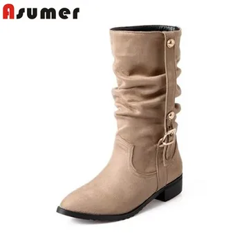 

ASUMER hot sale new arrive women boots fashion flock buckle mid calf boots square heels pointed toe women autumn winter boots