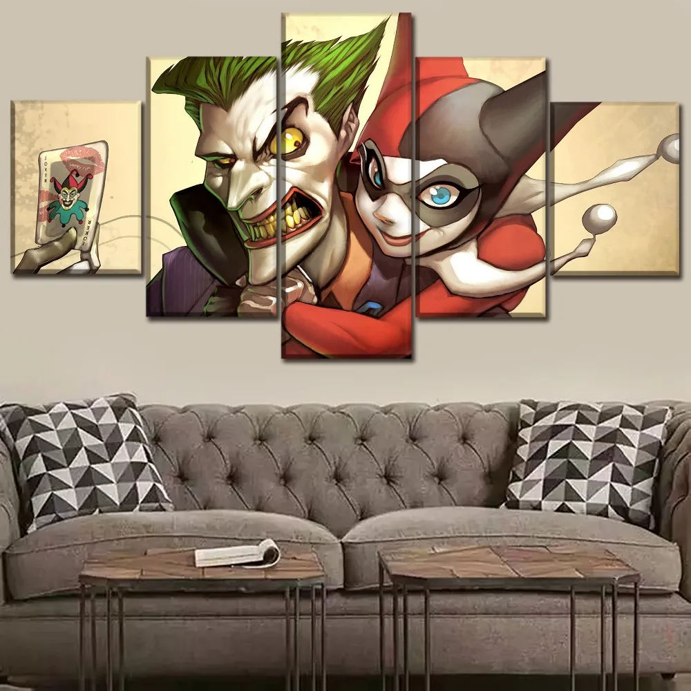 Us 5 3 47 Off Canvas Poster Home Decor Hd Prints 5 Piece Dc Comics Harley Quinn And Joker Painting For Bedroom Wall Art Pictures Framework In