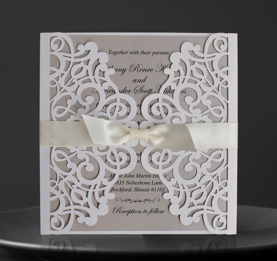  White Wedding Invitations Cards with Ribbon Bows - Set of 50 - 32721078233