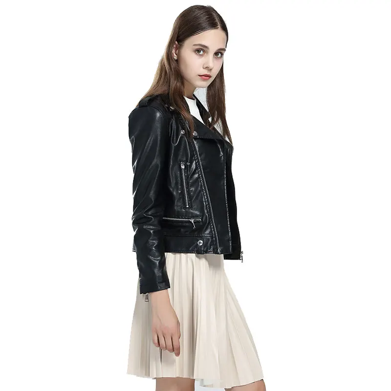

2019 New Pu Leather Short Jacket Autumn Winter Faux Soft Leather Coat Slim Black Zipper Jackets Womens Biker Jacket