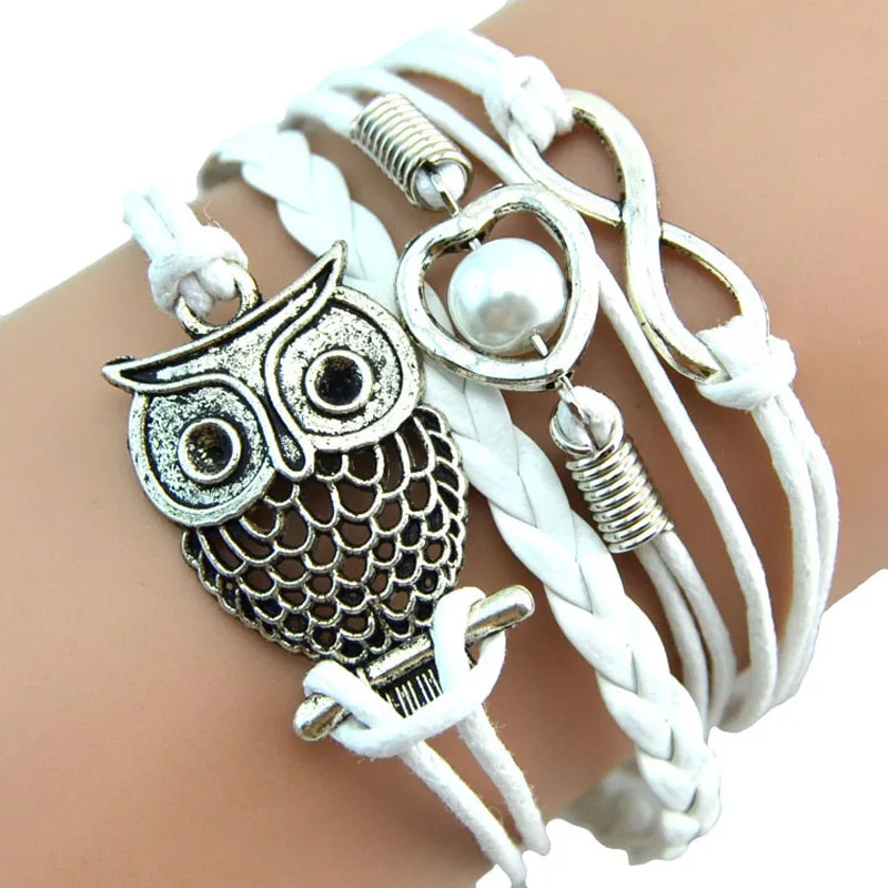 

Women Bracelets Jewelry Lovely Infinity Owl Pearl Friendship Multilayer Charm Leather Gift Jewelries Pulseira das mulYLL