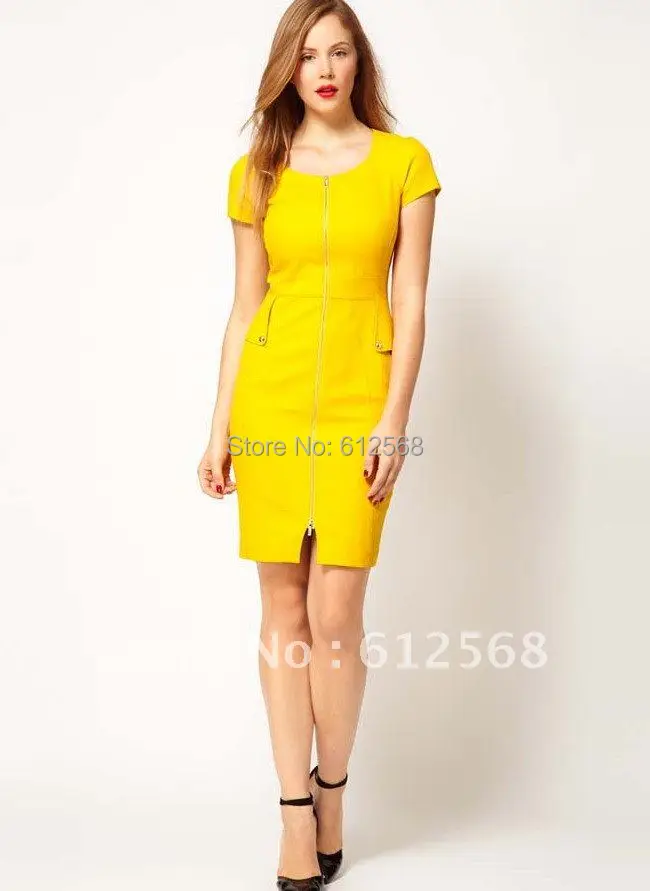 Formal Work Tailored Dresses. Yellow Short sleeves Office Lady Pencil